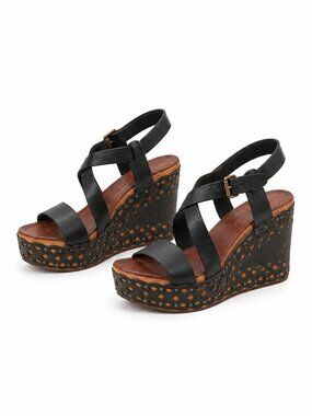 ASH Leather Platform Wedge Sandals Women 8 Black Boho Studded Strappy